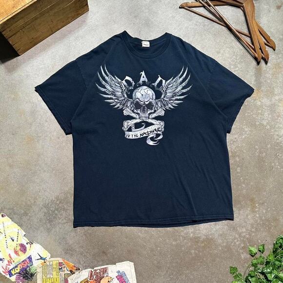 Y2K Skull Wings Grunge "Bad To The Bone" Tee Mens 2XL Black Grey Bones Shirt - Picture 1 of 6